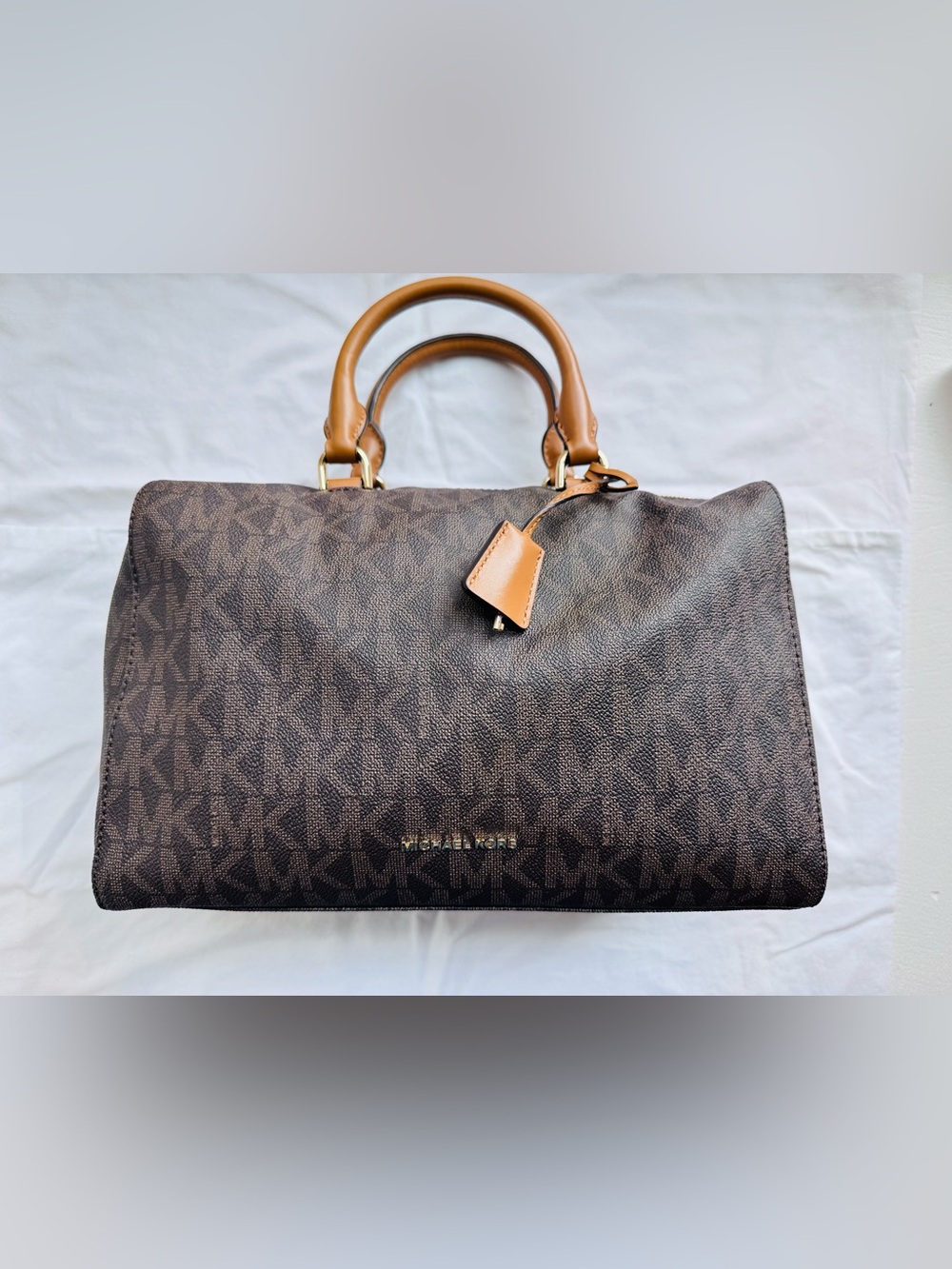 Michael Kors Brown Monogram Mini Duffel with Tan Leather Handles